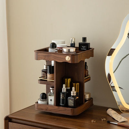 Vintage 360° Rotating Wooden Makeup Organizer – Elegant Vanity Storage with Carved Accents