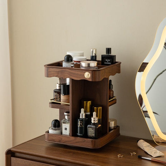 Vintage 360° Rotating Wooden Makeup Organizer – Elegant Vanity Storage with Carved Accents