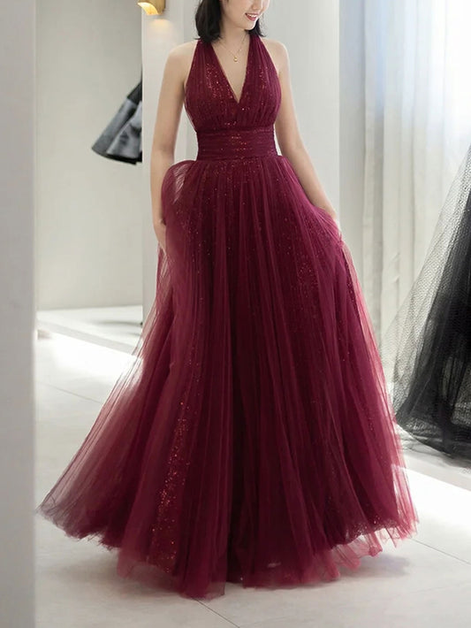 Burgundy Aline v neck tulle sequin long prom dress burgundy evening dress