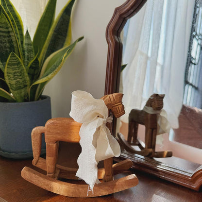 Vintage Wooden Rocking Horse Décor – Rustic Accent Piece with Ribbon