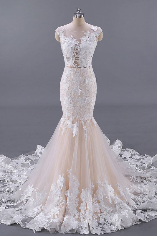 Unique  champagne tulle lace long prom dress, unique evening dress