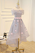 Gray applique high low prom dress, gray evening dress