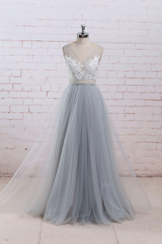 Gray A-line lace tulle long prom dress, gray tulle bridesmaid dress