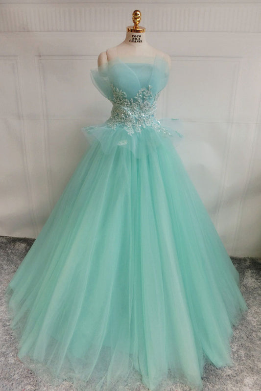 Green tulle lace long prom dress, green tulle evening dress