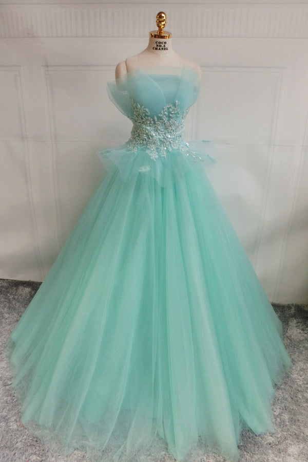 Green tulle lace long prom dress, green tulle evening dress