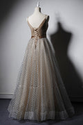 Champagne v neck tulle long prom dress, champagne tulle evening dress