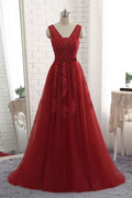 Burgundy v neck tulle lace long prom dress, burgundy evening dress