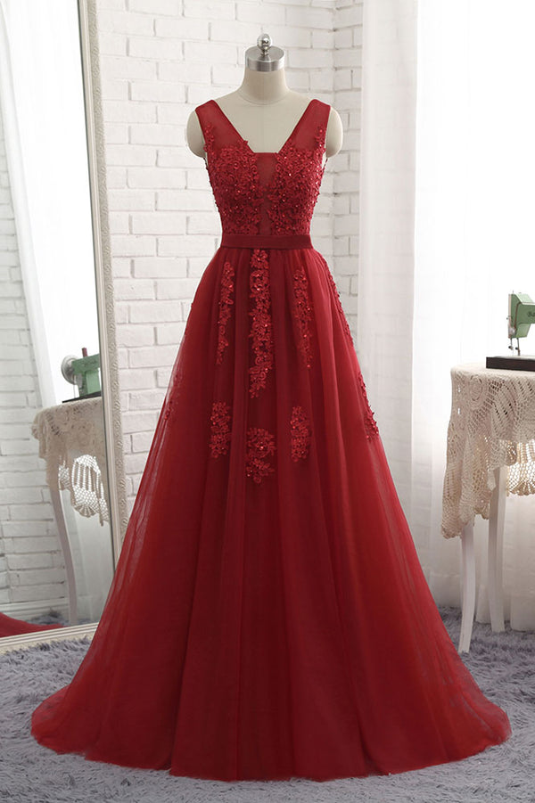 Burgundy v neck tulle lace long prom dress, burgundy evening dress