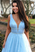 Blue v neck tulle long prom dress, blue tulle evening dress