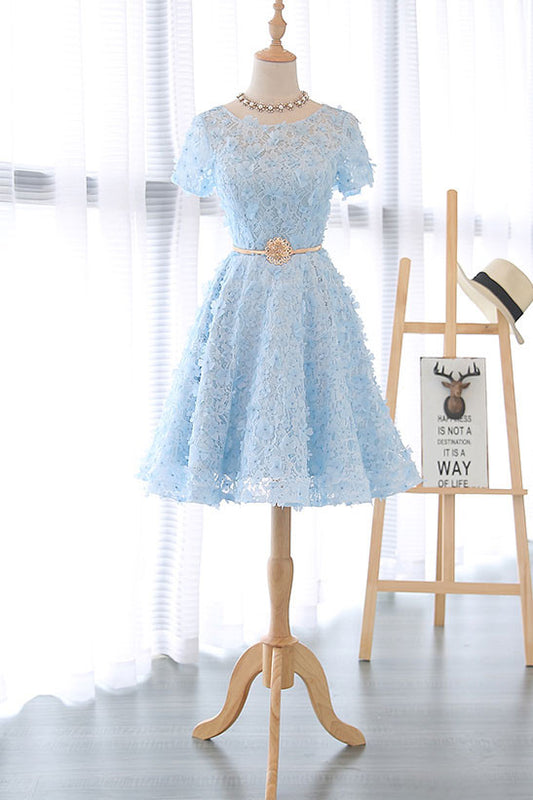 Cute 3D lace short blue prom dress, blue homecoming dress