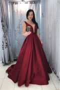 Burgundy v neck satin long prom dress, burgundy satin evening dress