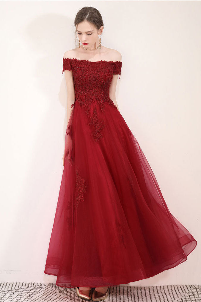 Burgundy tulle lace long prom dress, burgundy evening dress