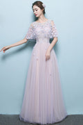 Pink tulle lace long prom dress tulle applique formal dress