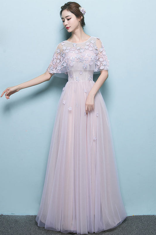 Pink tulle lace long prom dress tulle applique formal dress