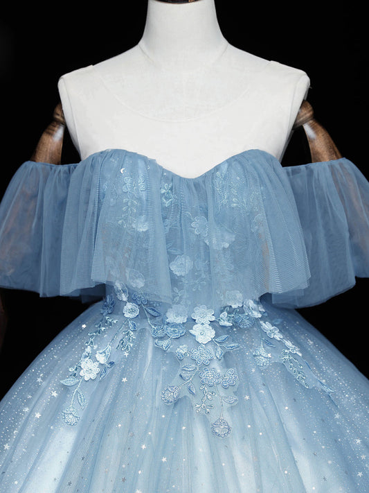 Blue sweetheart tulle lace long prom dress, blue tulle formal dress