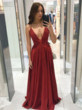 Simple v neck A line long prom dress, burgundy evening dress