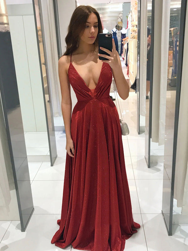 Simple v neck A line long prom dress, burgundy evening dress