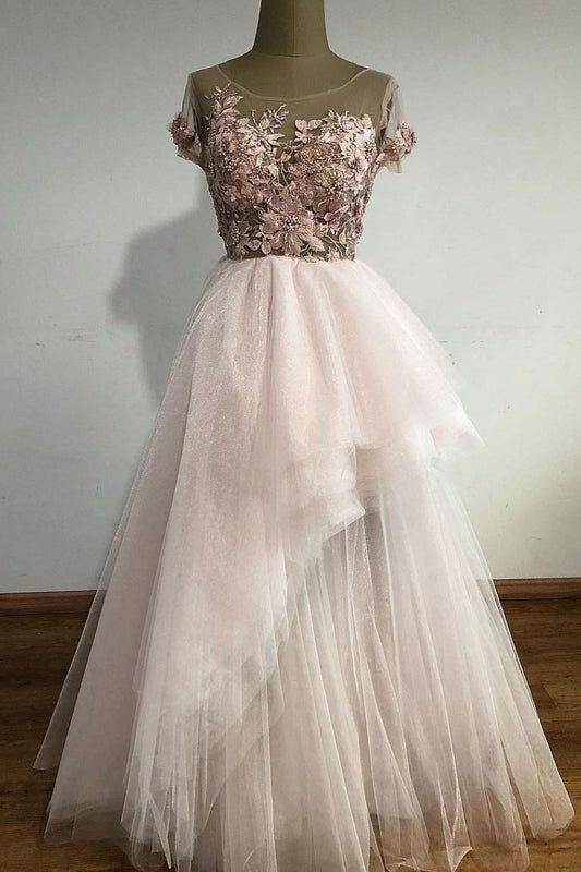 Unique tulle lace long prom dress, tulle lace evening dress