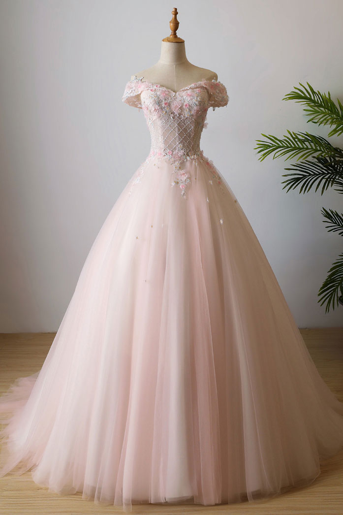 Pink off shoulder tulle lace long prom dress, pink evening dress