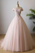 Pink off shoulder tulle lace long prom dress, pink evening dress