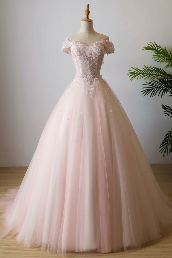 Pink off shoulder tulle lace long prom dress, pink evening dress