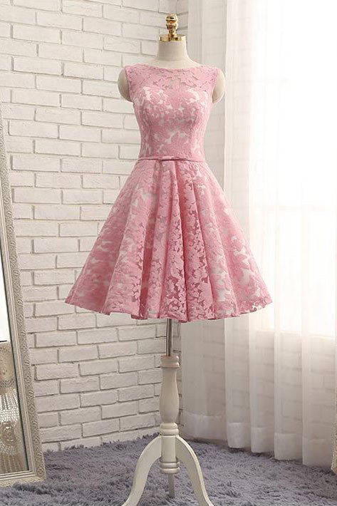 Cute pink round neck lace short prom dress, bridesmaid dress