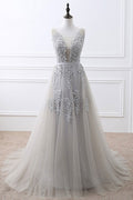 Gray v neck lace tulle long prom dress, gray tulle bridesmaid dress