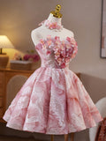 A-Line Pink Lace Flower Pink Short Prom Dress, Pink Homecoming Dress
