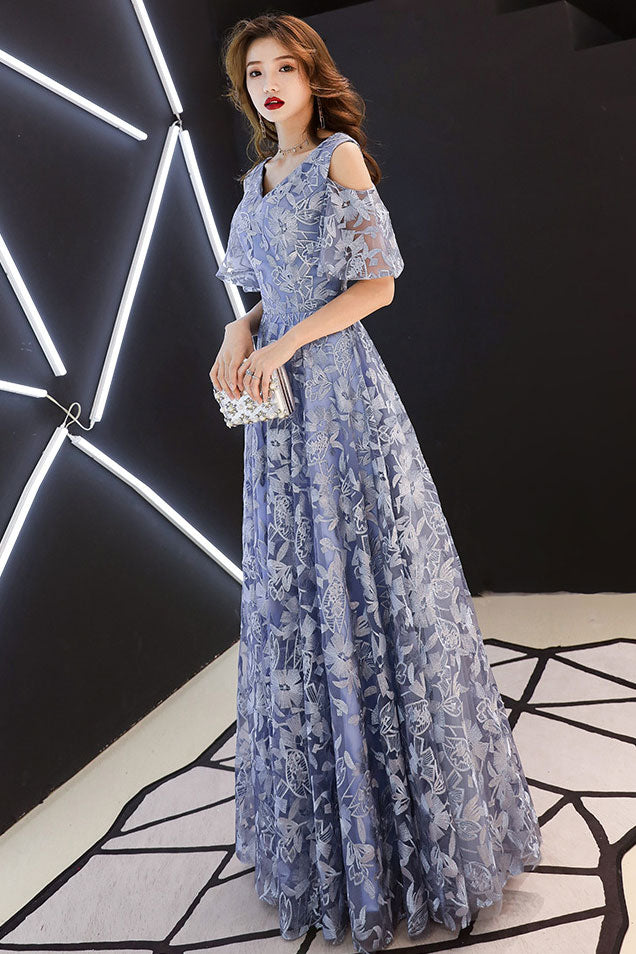 Blue v neck tulle lace long prom dress blue lace formal dress