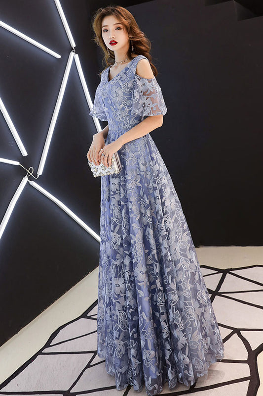 Blue v neck tulle lace long prom dress blue lace formal dress