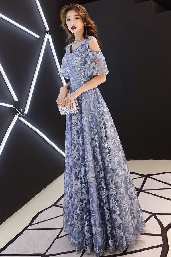 Blue v neck tulle lace long prom dress blue lace formal dress