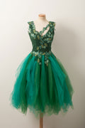 Unique v neck green tulle lace short prom dress, green homecoming dress