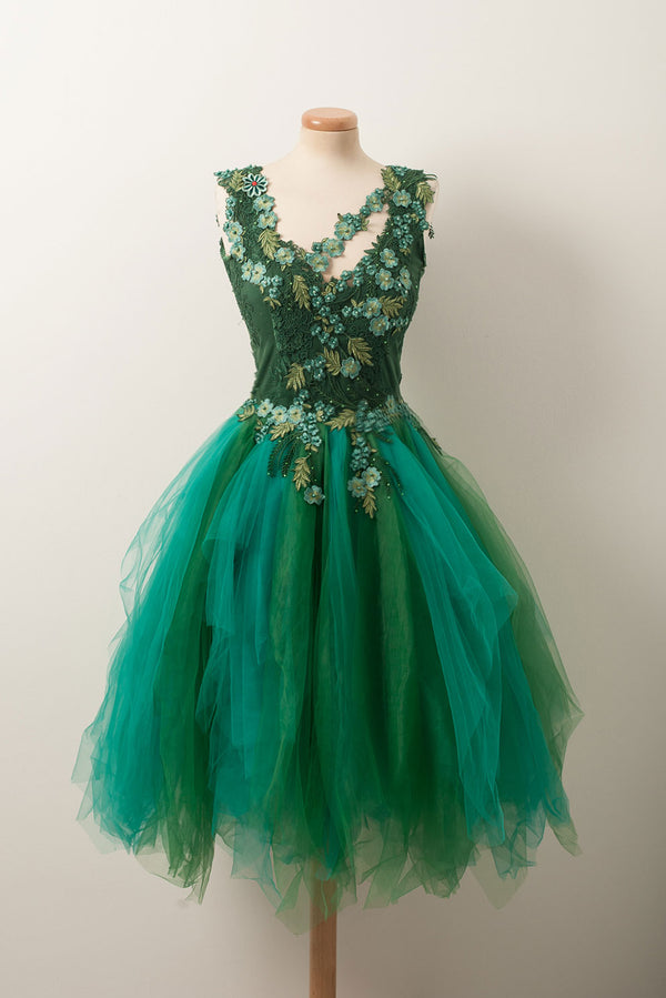 Unique v neck green tulle lace short prom dress, green homecoming dress