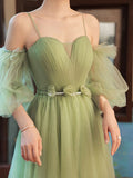 Simple green tulle A line long prom dress, green evening dress