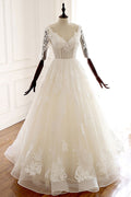 White v neck tulle lace long prom dress, white tulle wedding dress
