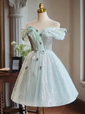 A-Line Off Shoulder Tulle Green Short Prom Dress, Green Homecoming Dress