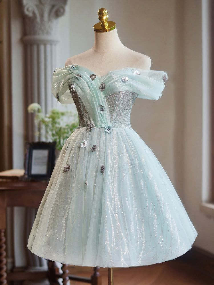A-Line Off Shoulder Tulle Green Short Prom Dress, Green Homecoming Dress