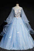 Blue tulle lace long prom dress, blue tulle lace evening dress