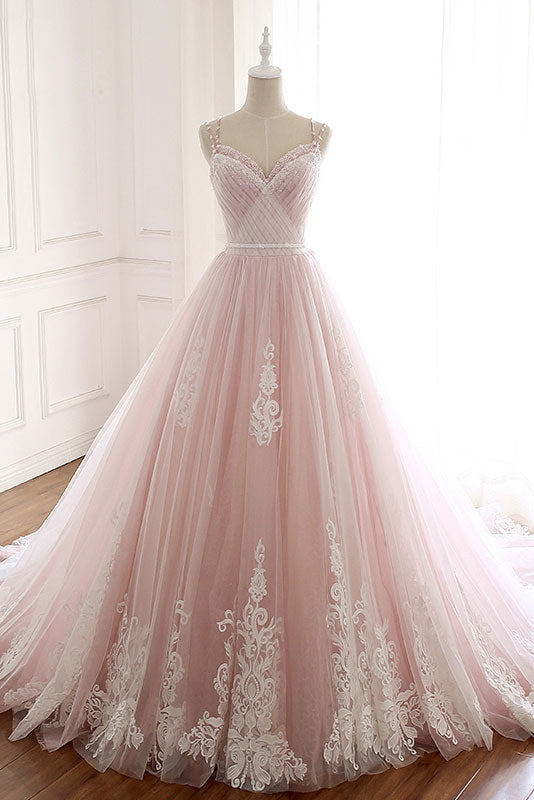 Pink sweetheart neck tulle long prom dress, lace tulle evening dress