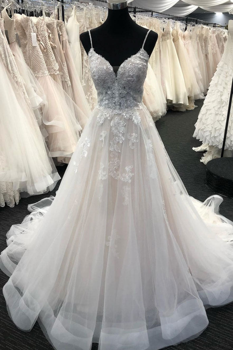Light champagne tulle lace long prom dress, wedding dress
