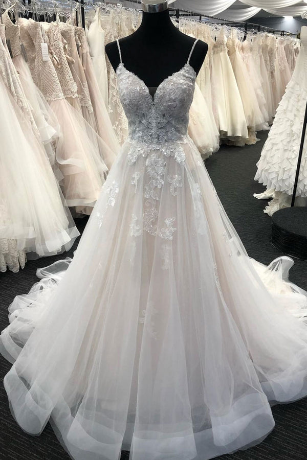 Light champagne tulle lace long prom dress, wedding dress