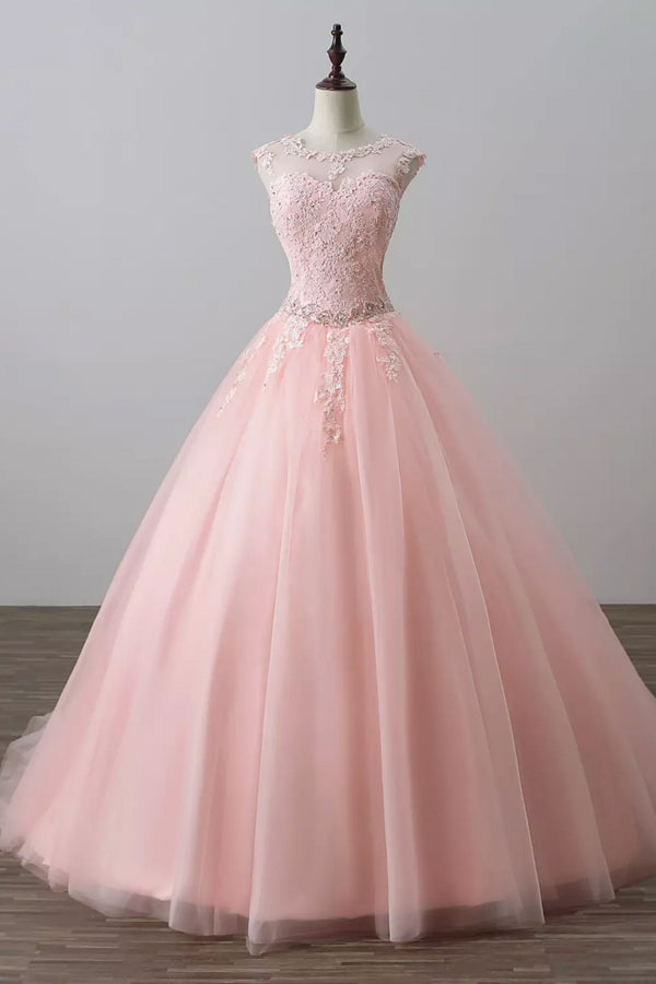 Pink round neck tulle lace long prom dress, pink tulle evening dress