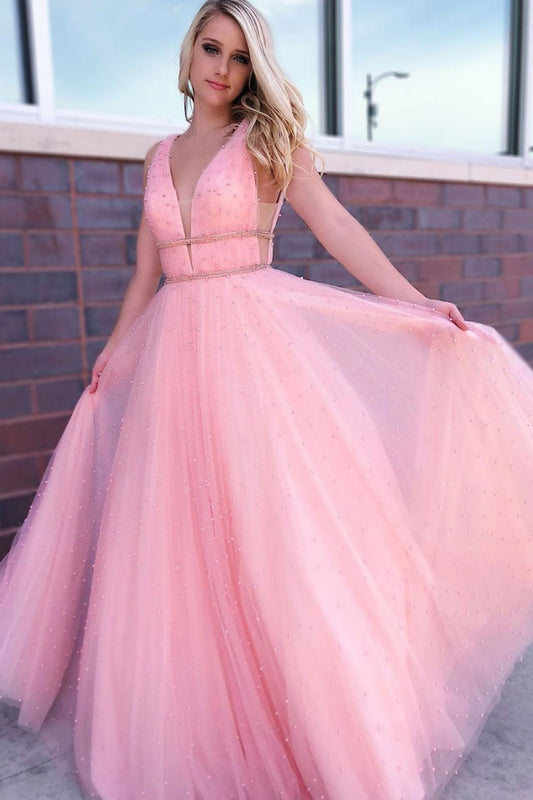 Pink v neck tulle beads long prom dress pink tulle formal dress