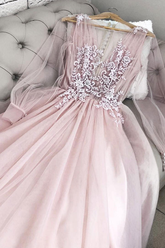 Pink v neck tulle long prom dress, pink tulle evening dress