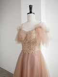 Champagne A line tulle lace long prom dress, champagne evening dress