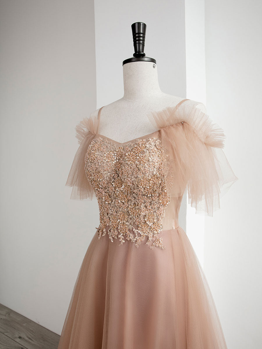 Champagne A line tulle lace long prom dress, champagne evening dress