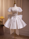A-Line Puff Sleeves Satin White Short Prom Dress, White Cocktail Dress with Beads