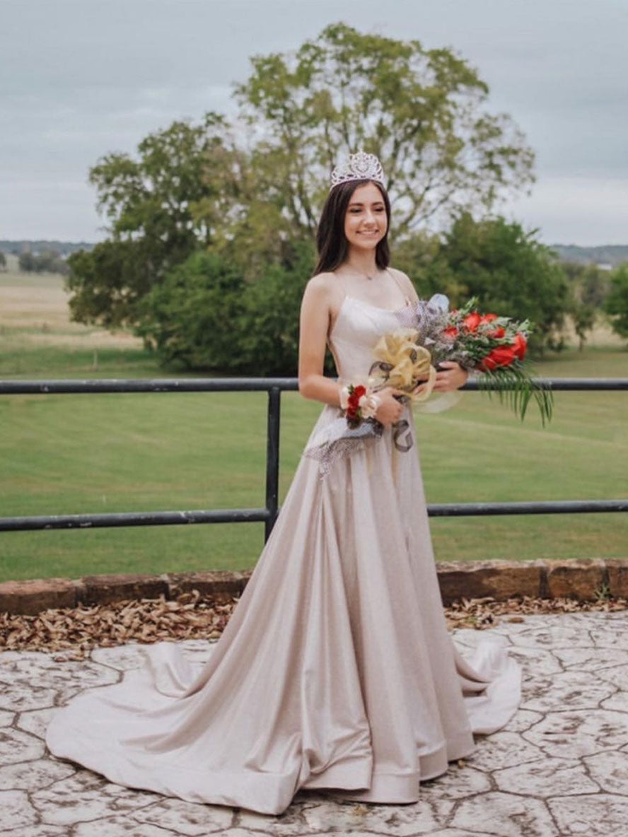 Light pink A-line satin long prom dress pink evening dress