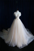 Light champagne tulle long prom dress, wedding dress