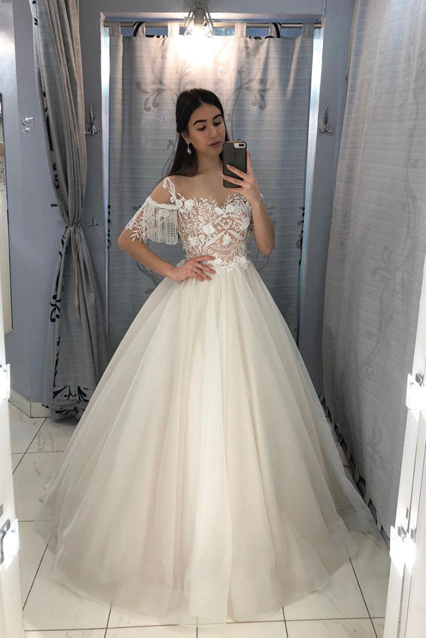 Light champagne tulle lace long prom dress, tulle lace evening dress